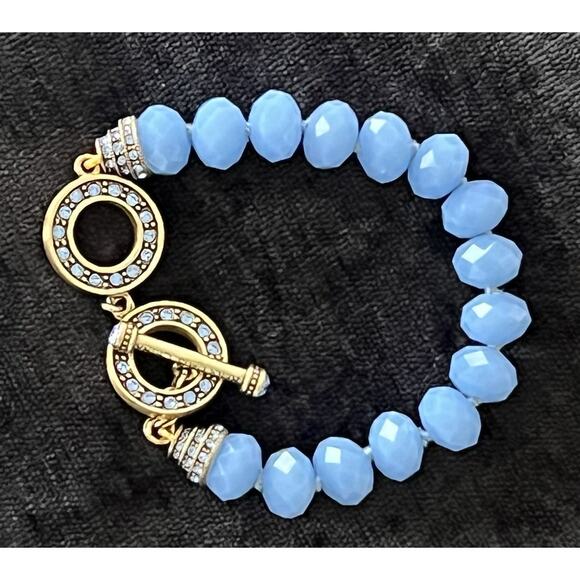 Heidi Daus Faceted Glass Beads Crystal Rhinestone Toggle Bracelet Blue Signed - Picture 7 of 12